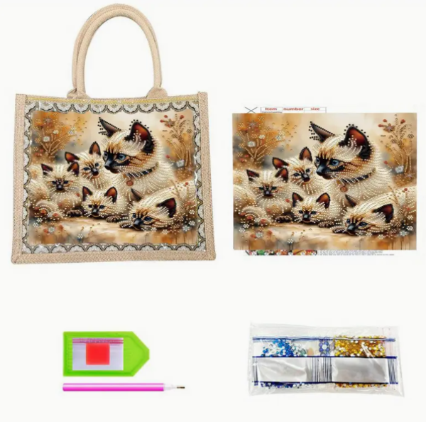Diamond Painting Tragtasche Siam Katzenfamilie